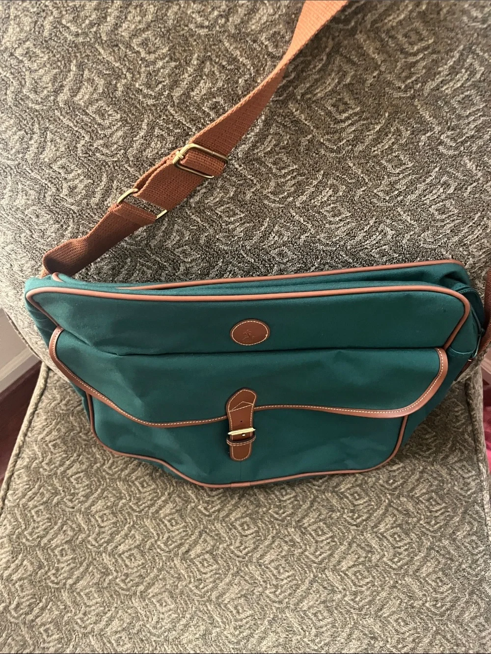 Teal Canvas Messenger Bag with Brown Leather Trim